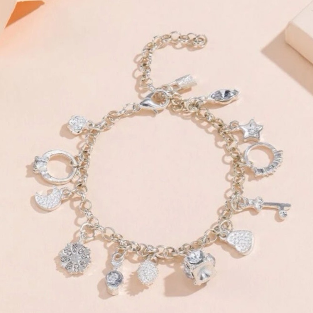 Silver Wedding Bells Charm Bracelet with Crystals - Silver